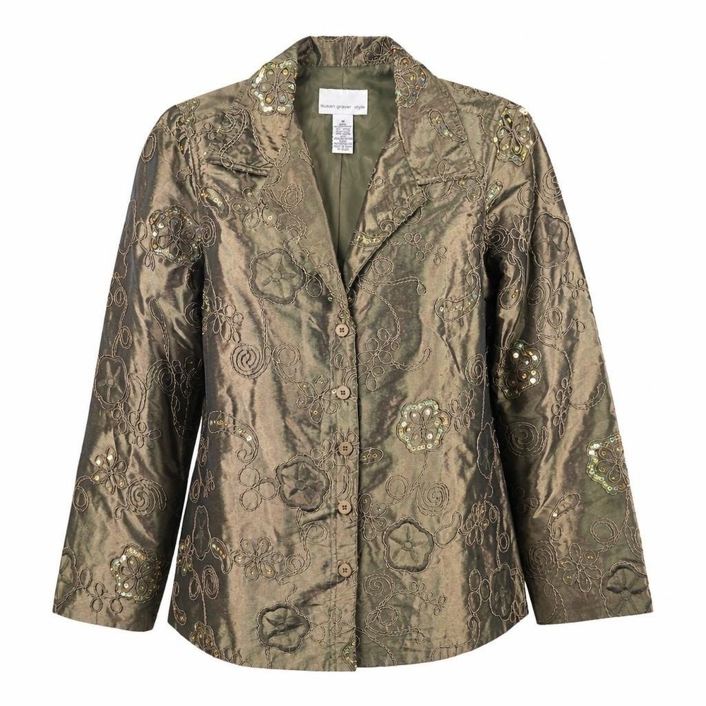 Susan Graver Blazer Womens M Green Floral Embroidered Sequin Artsy Boho Paisley